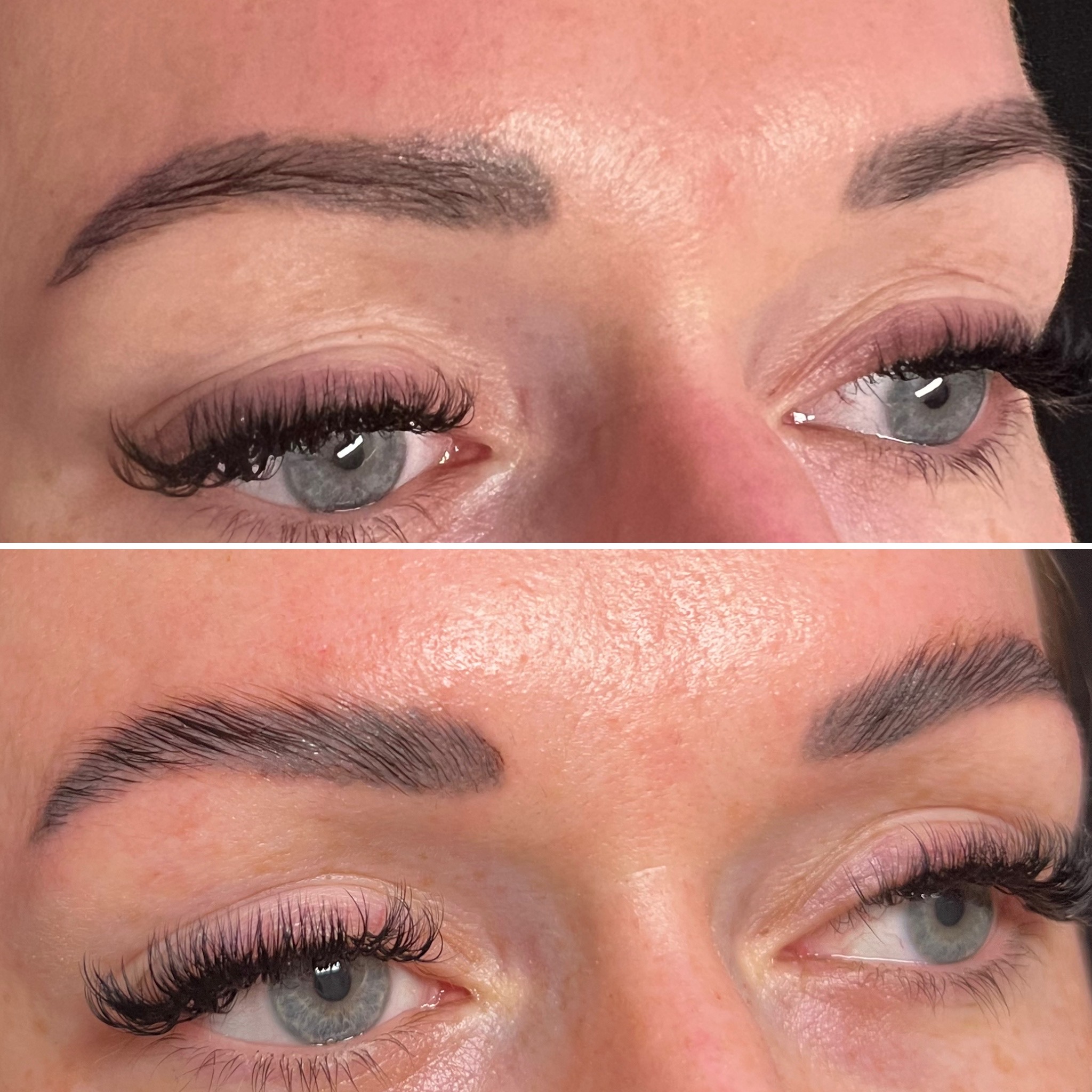 Lash extensions with laminated brows, two views